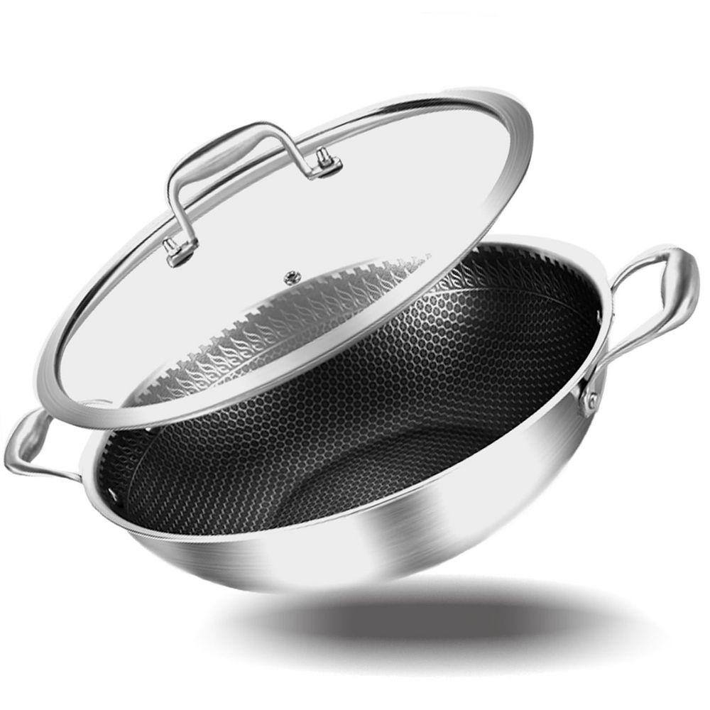 Lynzavix Tri-Ply Stainless Steel Wok 5.5QT 13 in. Silver Nonstick