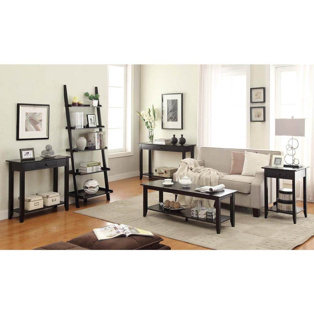 Black Pine Wood Hall Table with Drawer and Shelf