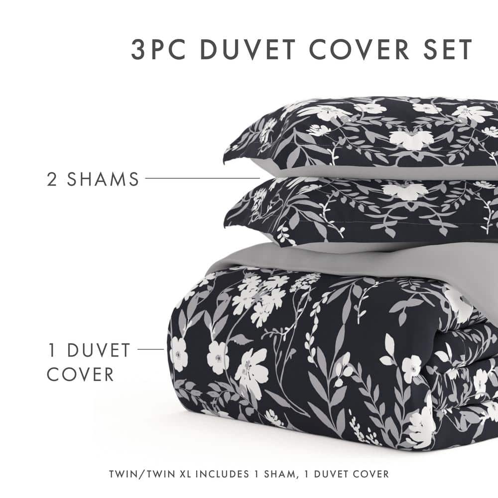 Black Floral Reversible Microfiber Full/Queen Duvet Cover Set
