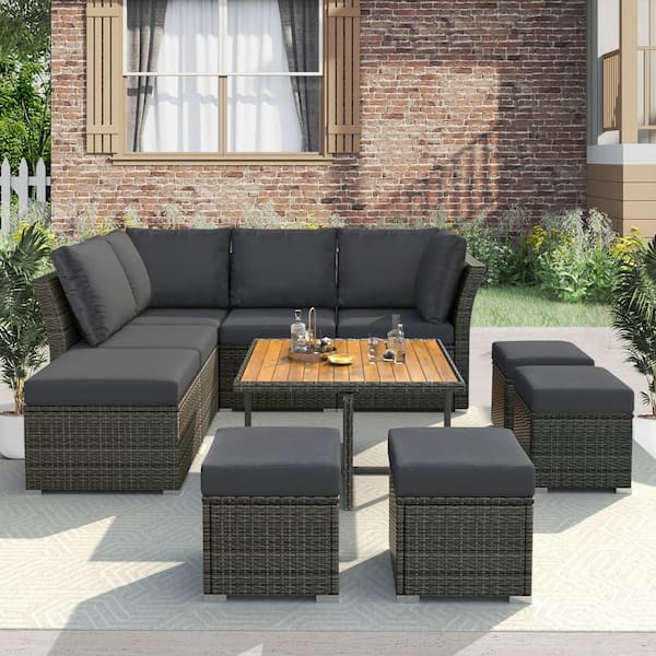 FORCLOVER 10-Piece Wicker Patio Conversation Set with Gray Cushions and Coffee Table, Ottomans