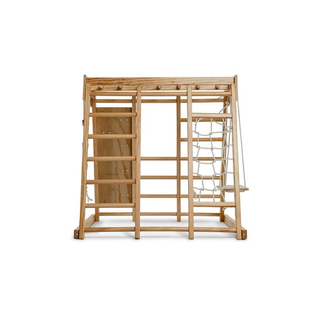 Large Natural Pine Indoor Playset with Slide, Swing, and Climbing Wall