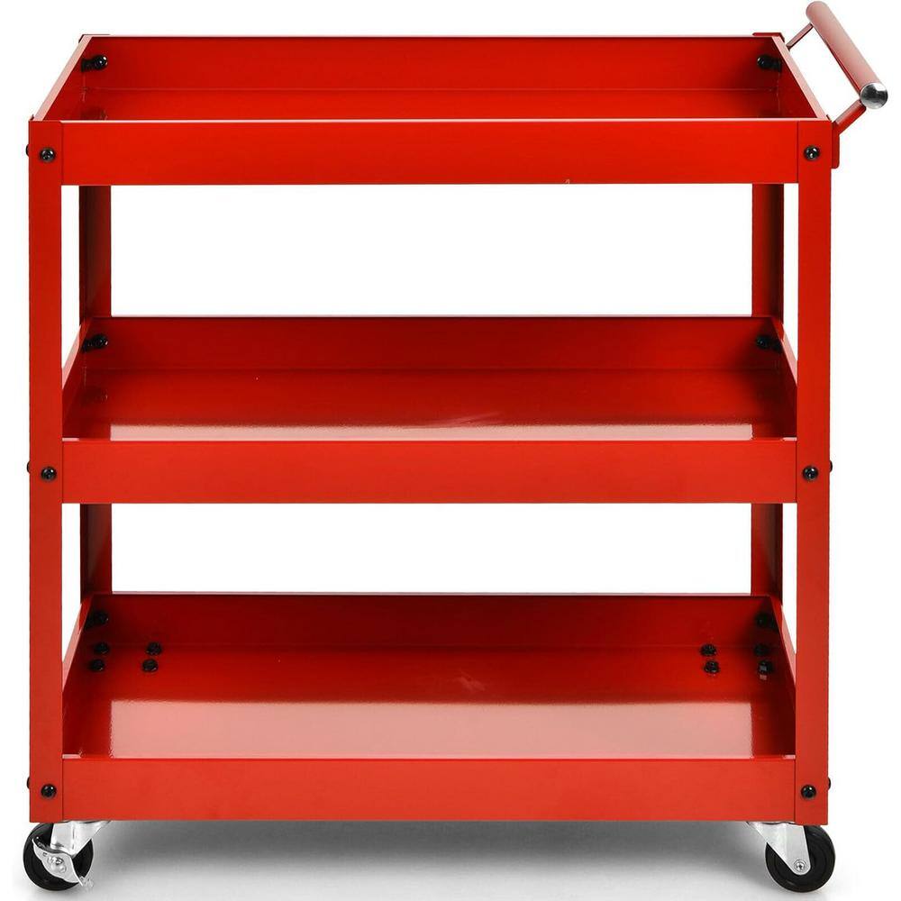 3-Tier Red Kitchen Cart with Steel Frame and 4 Wheels