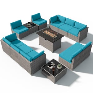 13-Piece Outdoor Wicker Patio Furniture Set with Fire Table and 2 Coffee Tables, Light Blue