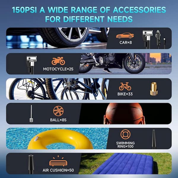 EKIEUDL - Portable Tire Inflator and Powerbank 150PSI Cordless Electric for Car with Tire Gauge Pressure in Black (1-Pack)