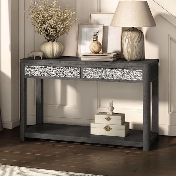 Furniture of America Hairin 48 in. Ash Gray Rectangle Wood Sofa Console Table with Hammered Stainless Steel Accents
