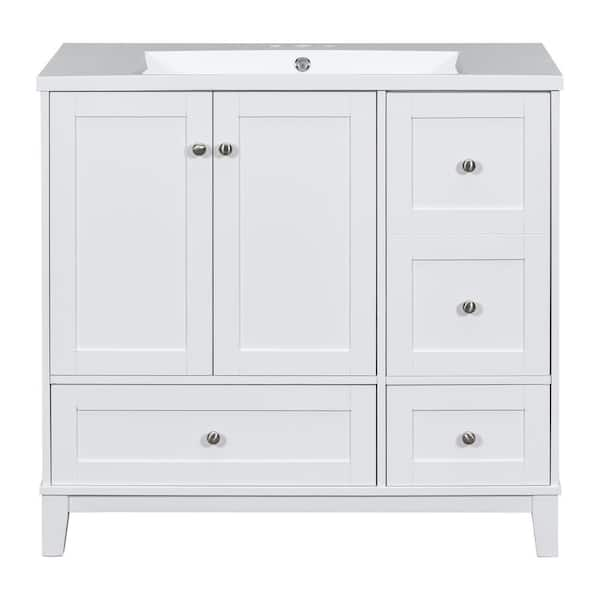 Ami 36 in. W White Freestanding With White Resin Top Bathroom Vanity Cabinet With USB Charging and 3 Drawers