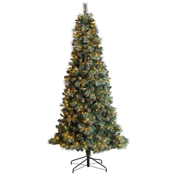 8 ft. Pre-Lit Frosted Tip British Columbia Mountain Pine Artificial Christmas Tree with Pine Cones and Bendable Branches