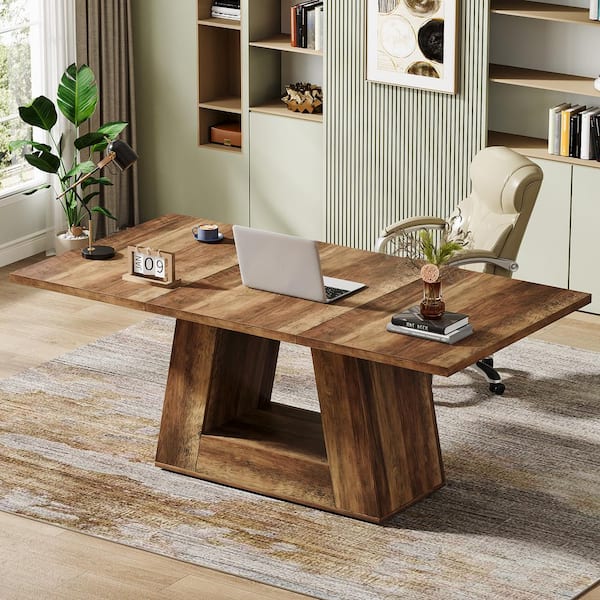 BYBLIGHT Lanita 63 in. Rectangular Brown Engineered Wood Computer Desk with Wood Pedestal Base