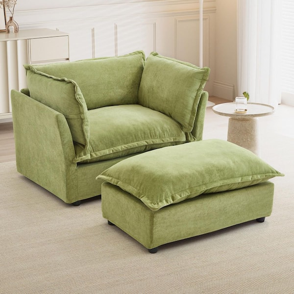Green Chenille Arm Chair with Movable Ottoman, Wide Seat, Curved Armrests and Soft Pillows