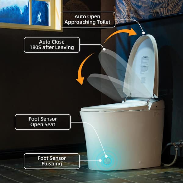 Elongated ADA Smart Bidet Toilet 1.1/1.6 GPF in White with Auto Open/Close/Flush, Foot Sensor and Clean Foam Dispenser