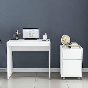 33 in. Rectangular White Wood Writing Desk with 1-Drawer/1-Door Cabinet