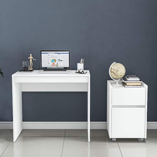 Polifurniture 33 in. Rectangular White Wood Writing Desk with 1-Drawer/1-Door Cabinet
