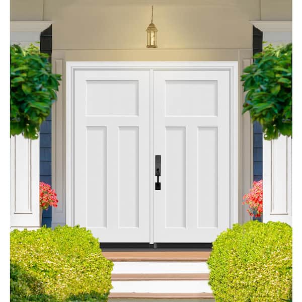 Legacy 64 in. x 80 in. 3 Panel Craftsman RHIS Unfinished White Fiberglass Double Prehung Front Door with 4-9/16 Jamb