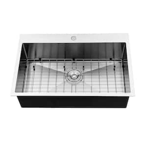 Silver Stainless Steel 33 in. Single Bowl Drop-In Kitchen Sink with Bottom Grid