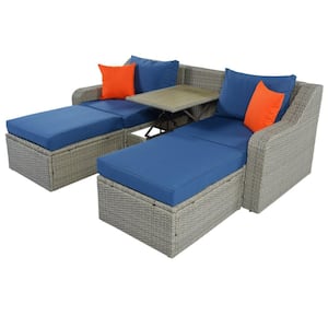 3 -Piece Gray Rattan Wicker Outdoor Patio Sectional Sofa Set with Lift Top Table and Blue Cushions