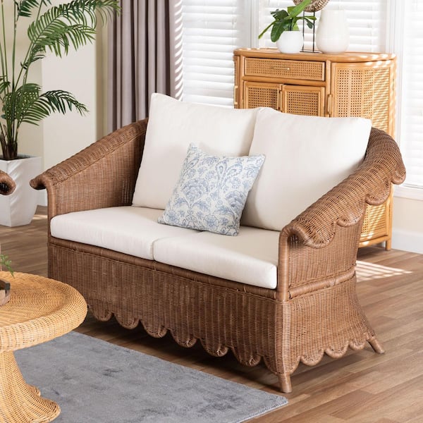 Detta 63 in. Natural Rattan 2-Seater Loveseat in Peanut Brown with Fabric Cushions