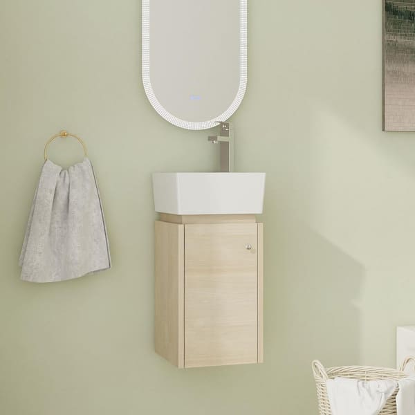 12 in. Wall-Mounted Single Oak Bath Vanity with White Ceramic Vanity Top Unassembled