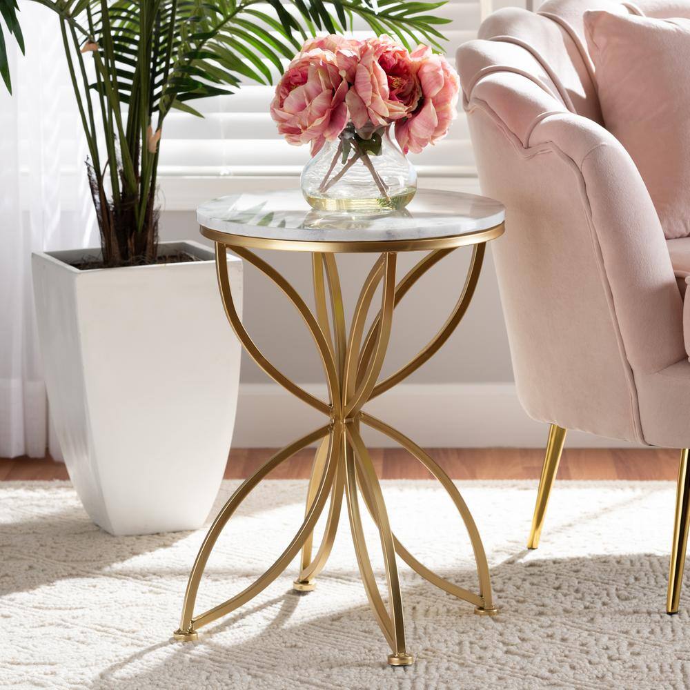 Jaclyn White Marble and Gold Metal Round Accent Table