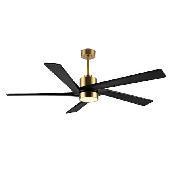 64 in. DC Indoor Ceiling Fan with Integrated LED and Remote Control, 5 Reversible Carved Wood Blades, Brass