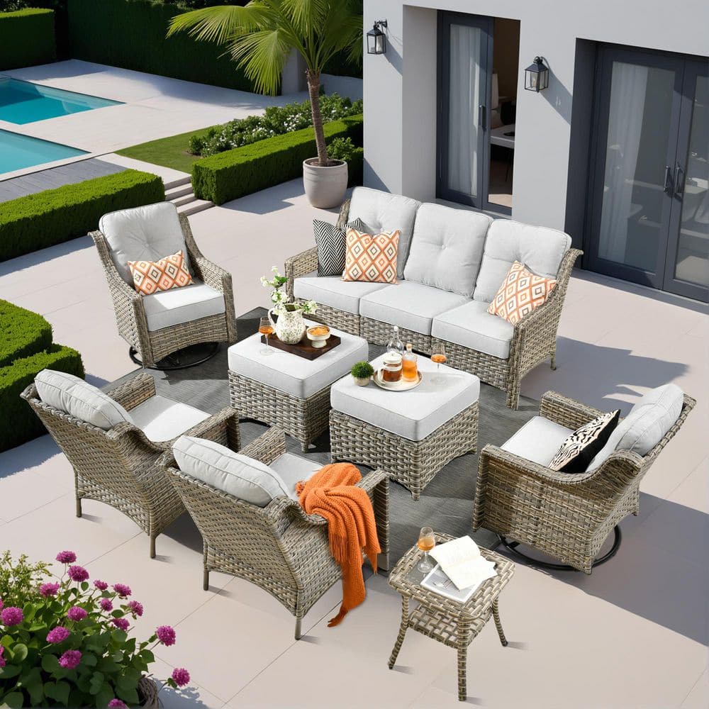 Cherry 8-Piece Wicker Outdoor Furniture Patio Conversation Sofa Seating Set with Swivel Chairs and Light Grey Cushions price history on PriceWatchPro