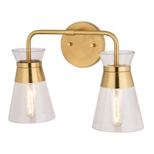 Harper 15 in. 2 Light Natural Brass Gold Vanity Light Mid-Century Modern Bathroom Fixture Clear Glass