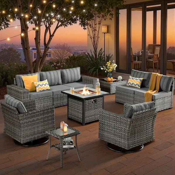 Lanora Gray 10-Piece PE Rattan Wicker Outdoor Patio Conversation Set with Dark Gray Striped Cushion & Square Fire Pit