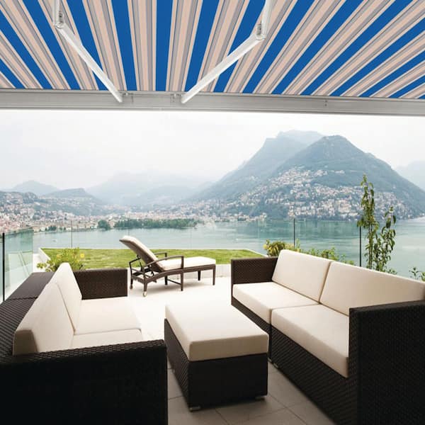 14 ft. Luxury Series Semi-Cassette Electric w Remote Retractable Awning, Ocean Blue Beige Stripes (10 ft Projection)