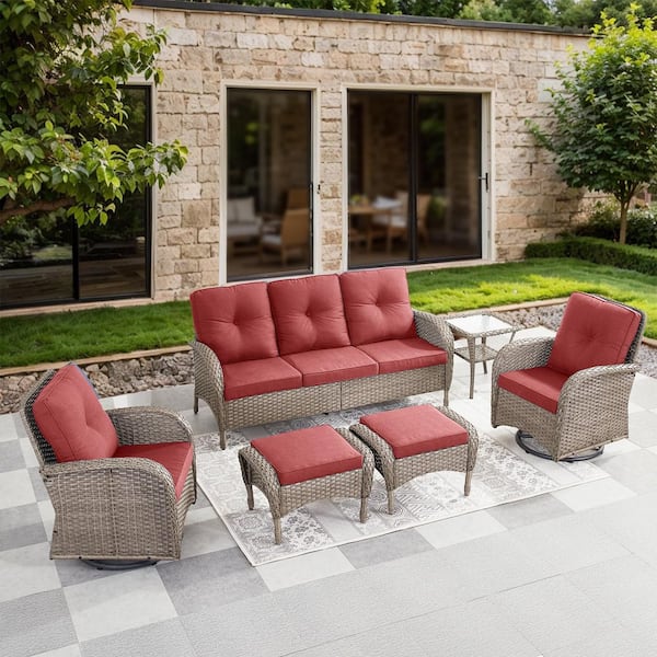 SleekArm 6-Piece Gray Wicker Patio Conversation Set with Olefin Red Cushions Sofa/Patio Swivel Glider Chairs