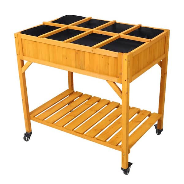 Misopily 36 in. Brown Wood Rectangular 8-Pocket Outdoor Planter Raised Beds with Lockable Wheels, Storage Shelf, Drainage Holes