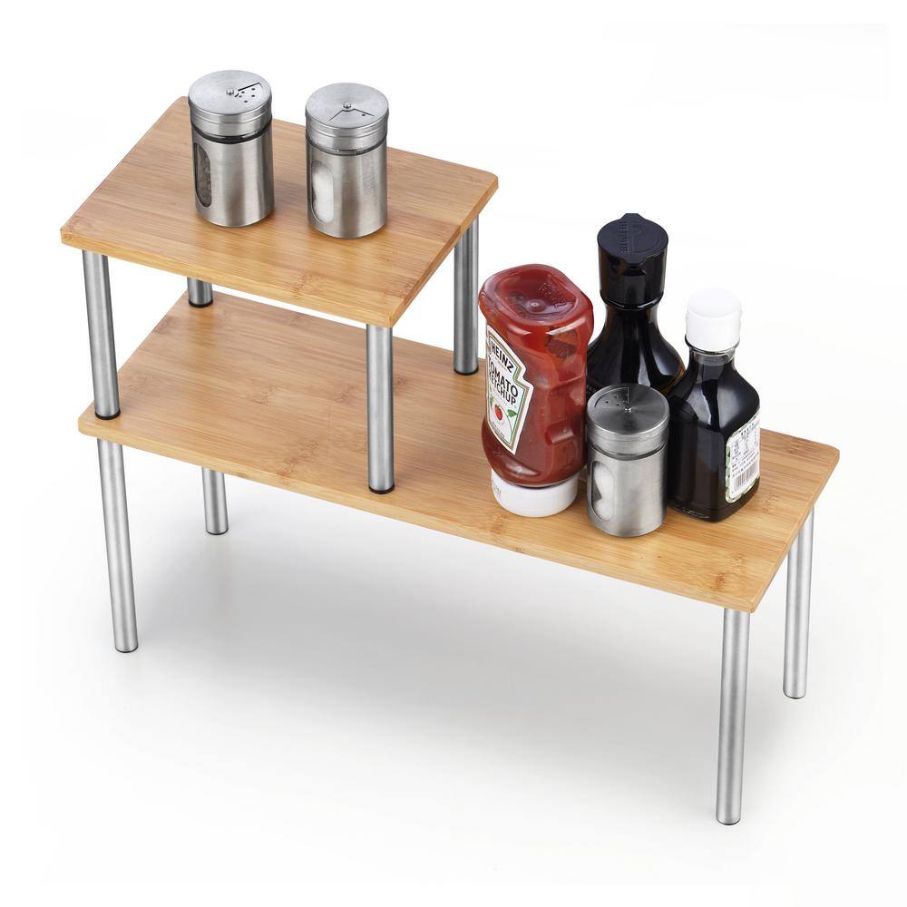 Bamboo and Stainless Steel 2-Tier Corner Storage Shelf