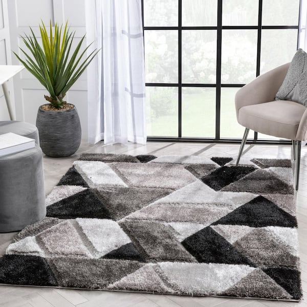 San Francisco Holland Modern Geometric Shag Hand-Carved, 7 ft. 10 in. x 9 ft. 10 in., Black Area Rug