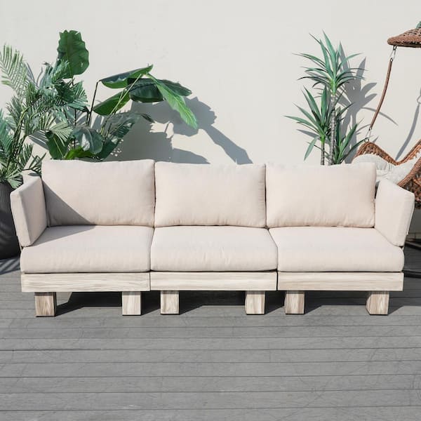Gustave W 81.4 in. x D 28.9 in. x H 25.7 in. Aluminum Outdoor Wood Grain 3-Seat Sectional Sofa with Beige Cushions