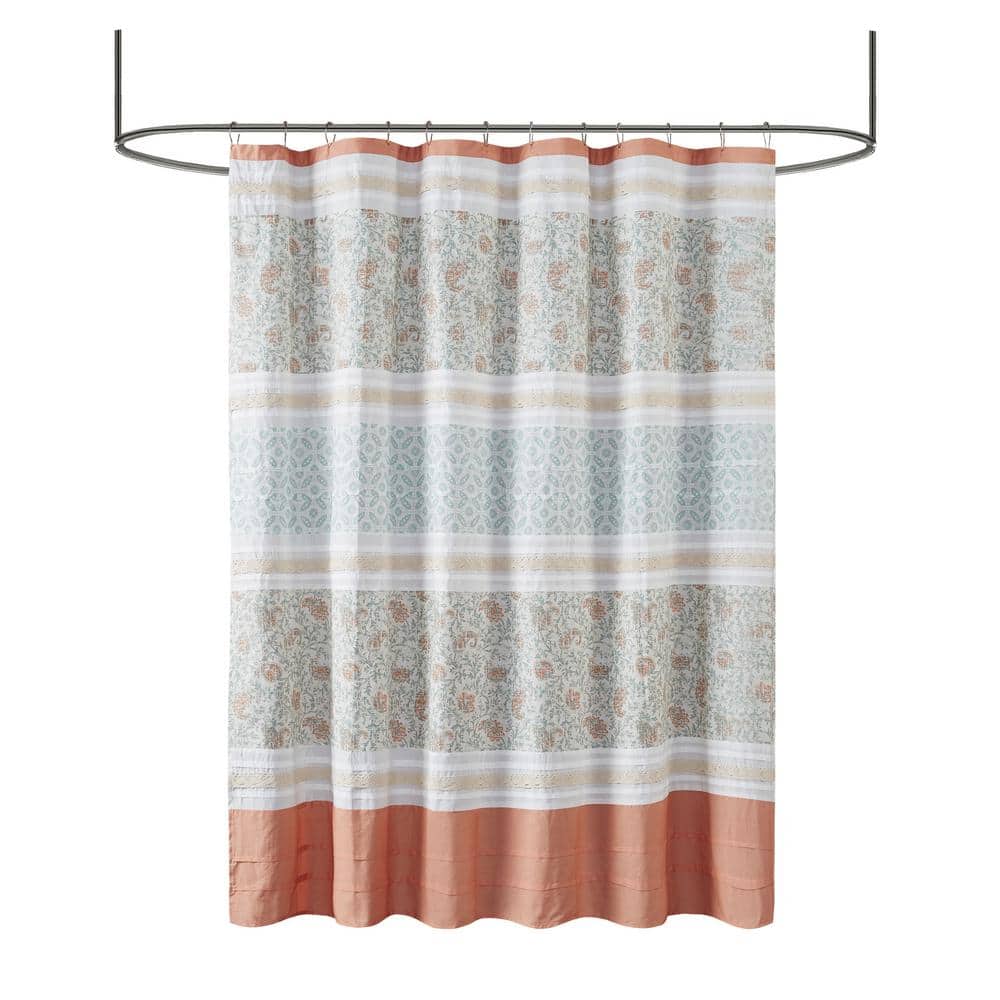 Coral and White Cotton Paisley Shower Curtain