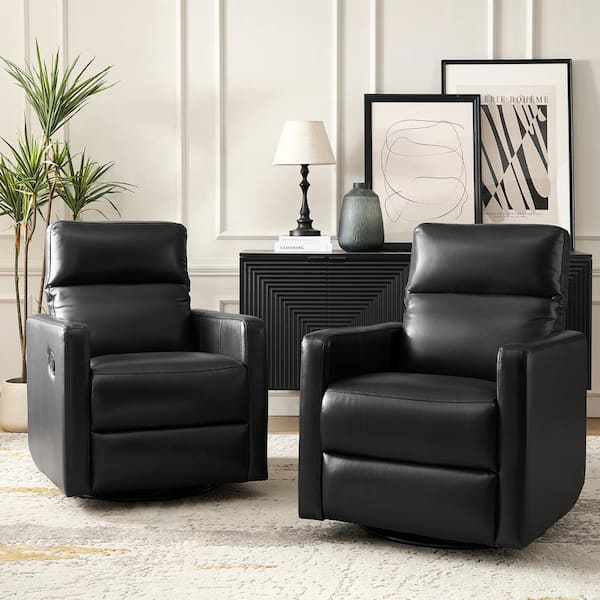Benito Modern Genuine Leather Swivel Rocker Recliner with Adjustable Headrest Set of 2-Black