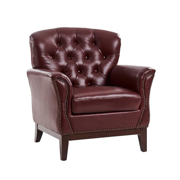 JAYDEN CREATION Bud Traditional Genuine Leather Accent Chair with Solid Wood Legs and Nailheads-Burgundy
