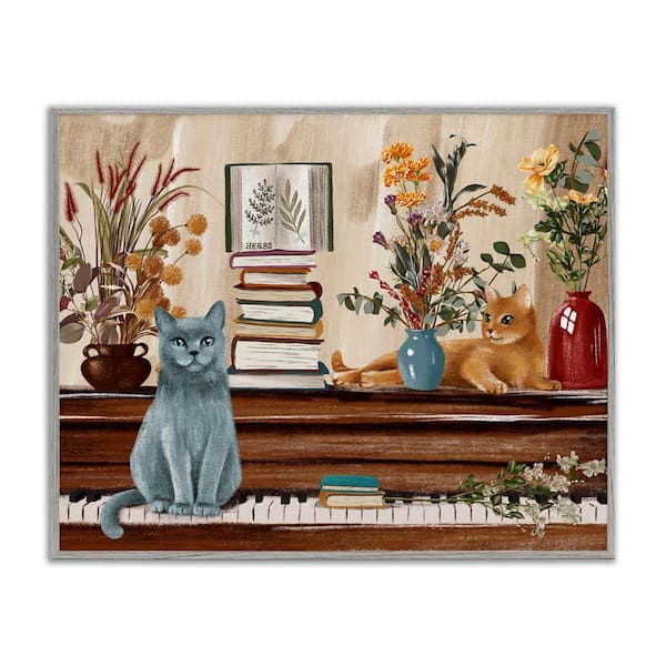 Cats & Books on Piano by Raquel Maciel Gray Framed Giclee Art Print Animal 24 in. x 30 in.