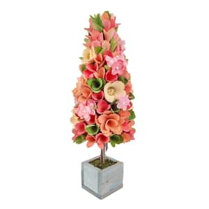 19 in. Pastel Color Spring Floral Artificial Tulips Tree in Wood Box