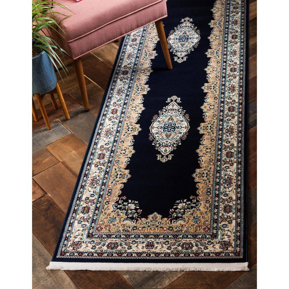 Navy Blue and Tan Stain-Resistant Synthetic Runner Rug