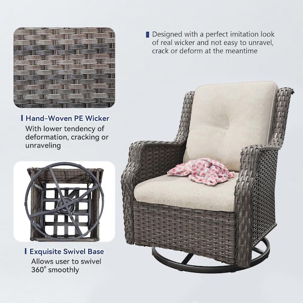 Wicker Patio Outdoor Lounge Chair Swivel Rocking Chair with Beige Cushions (2-Pack)
