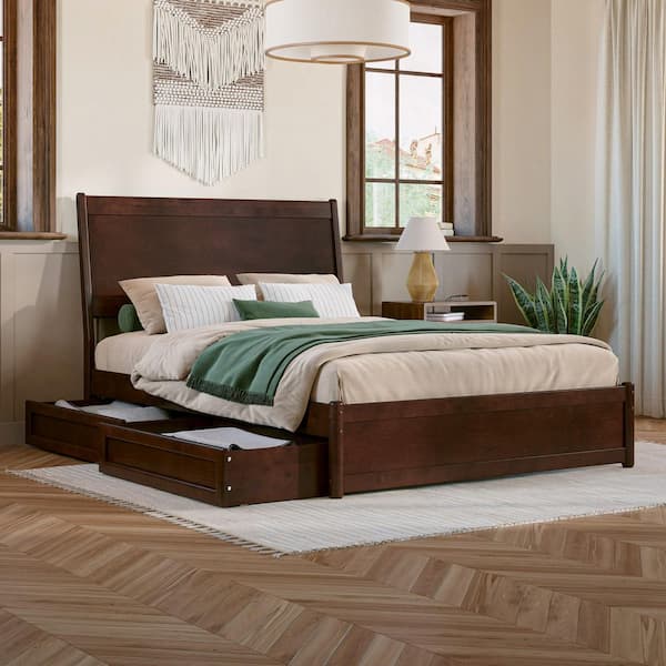 Casanova Walnut Brown Solid Wood Frame Full Platform Bed with Panel Footboard and Storage Drawers