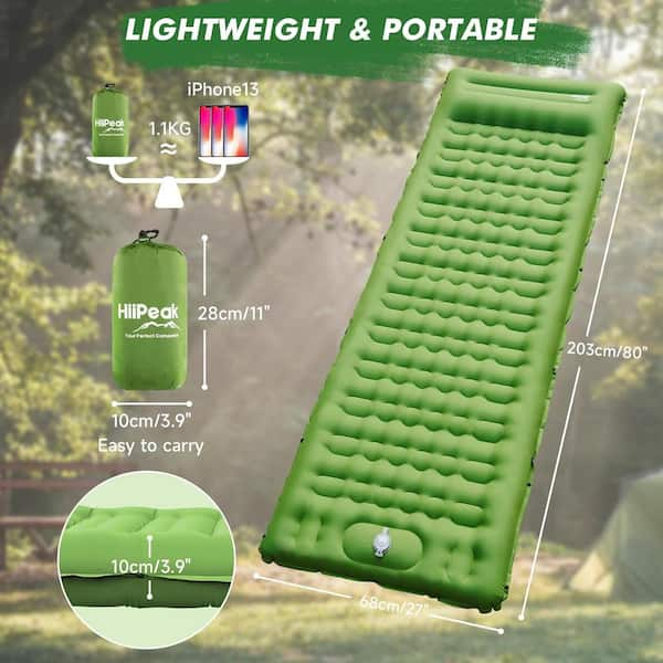 Single Size Sleeping Pad for Camping Ultralight Inflatable Sleeping Mat with Built in Foot Pump and Pillow in Green