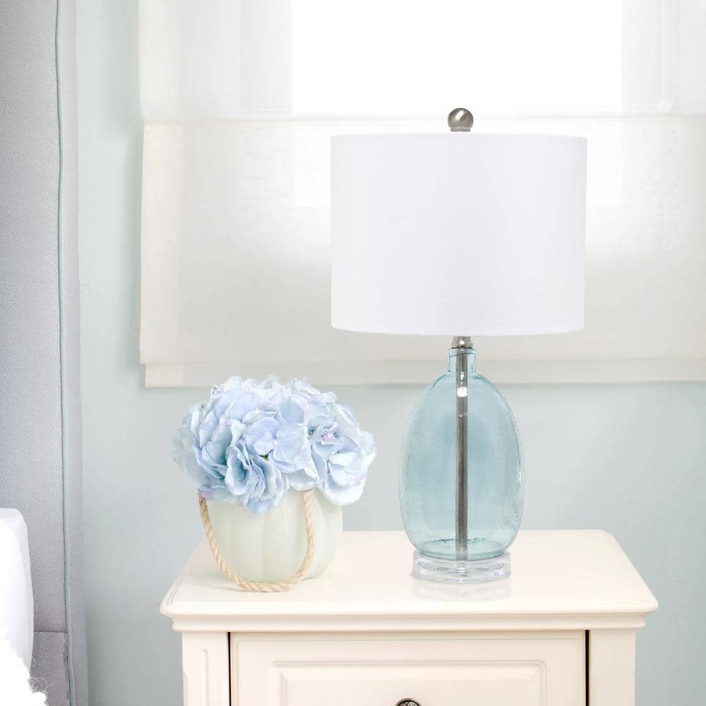 Clear Blue Glass Nightstand Lamp with White Barrel Shade
