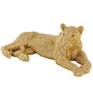 Gold Resin Laying Floor Leopard Sculpture with Carved Faceted Diamond Exterior