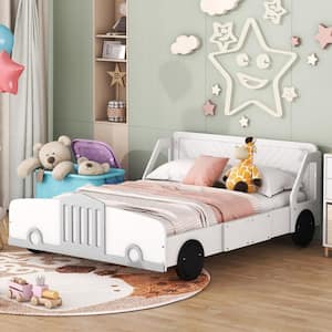 White Wood Frame Full Size Car-Shaped Platform Bed with Wheels, Headboard, Guardrails