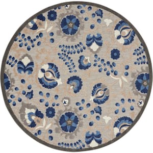 Aloha Blue 8 ft. x 8 ft. Round Floral Modern Indoor/Outdoor Patio Area Rug
