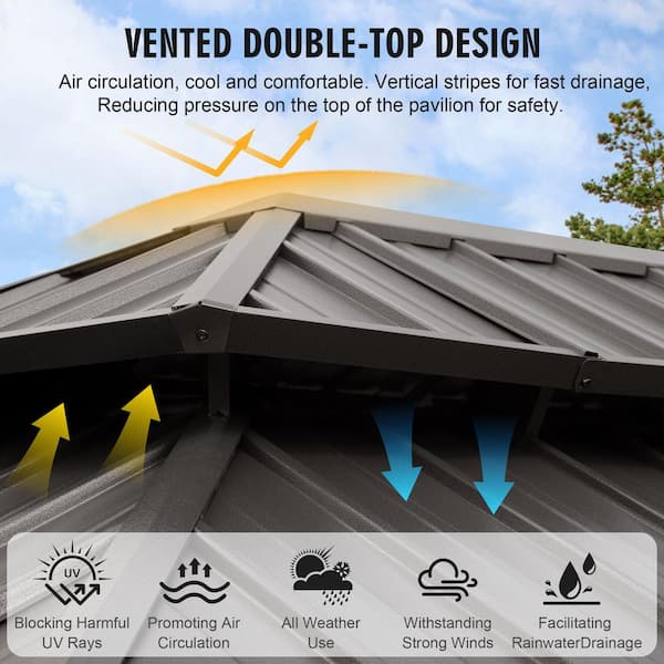 12 ft. x 24 ft. Outdoor Hardtop Gazebo with Double Roof, Galvanized Steel Frame, Mesh and Curtains