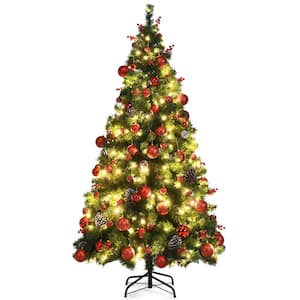 6 ft. Pre-Lit Hinged Artificial Christmas Tree with Pine Cones Red Berries and Ornaments