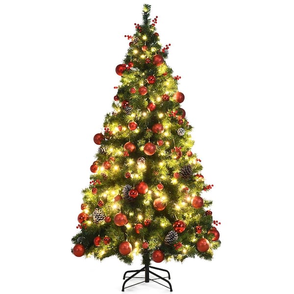 Costway 6 ft. Pre-Lit Hinged Artificial Christmas Tree with Pine Cones Red Berries and Ornaments