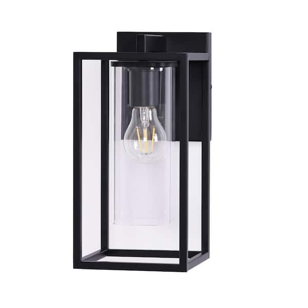 Uixe 12.2 in. Black Hardwired Outdoor Wall Light Lantern Sconce with No Bulbs Included with Rectangle Clear Glass