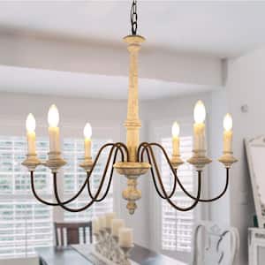 Flero Shabby Chic Weathered Wood Wooden Chandelier, 6-Light French Country Wood Candle Chandelier